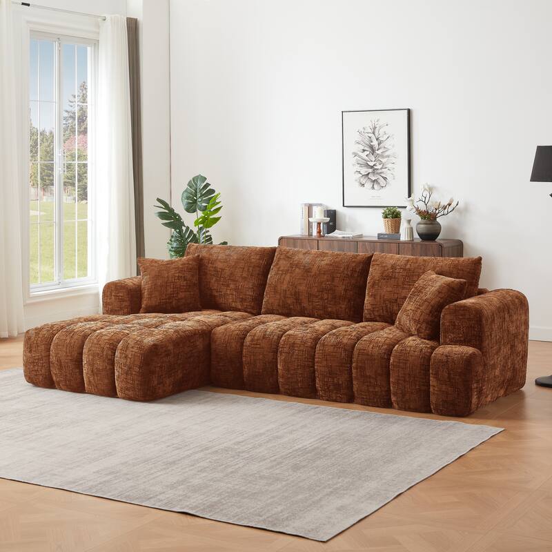 Oversized Chenille Sectional Sofa, Full-Compressed 4 Seater Sofa, Upholstered Sleeper Couch with L-Shape Chaise - Orange