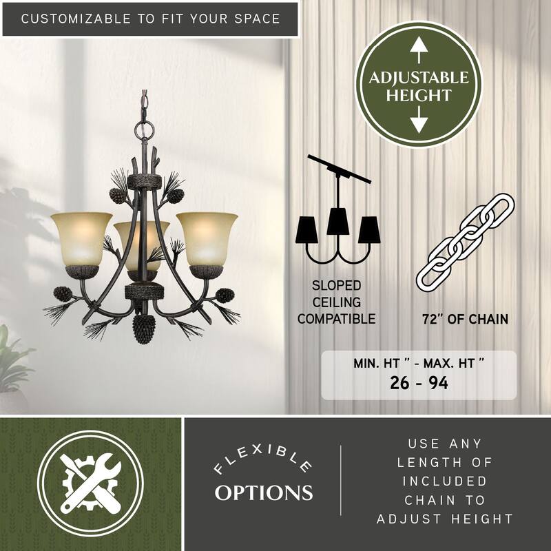 Sierra 3 Light Bronze Rustic Pinecone Mini Chandelier - 20-in W x 22-in H x 20-in D