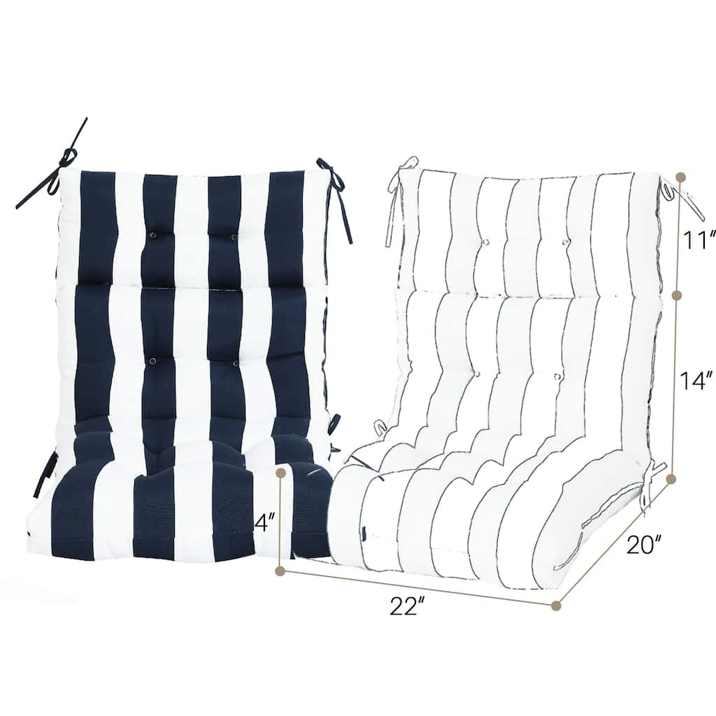 Navy Blue-White Polyester Outdoor Chair Cushions 2-Piece Set with Reversible, Tied Design - 44" L x 22" x 4"