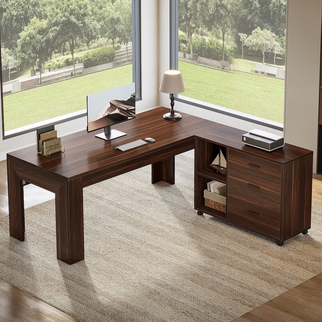 63" L Shaped Desk with Storage, Executive Office Desk with Rolling File Cabinet Combo, Large Computer Table with Drawers