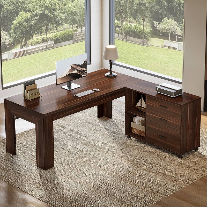 63" L Shaped Executive/Computer Desk/Table Mobile File Cabinet with Drawers/Shelves Home Office Business Furniture