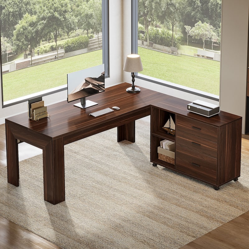 63" L Shaped Executive Desk Office Computer Desk Mobile File Cabinet with Drawers/Shelves Home Office Business Furniture