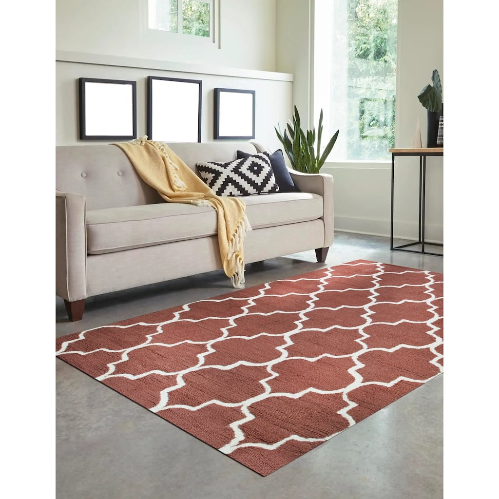 Rust Traditional Trellis Geometric Moroccan Area Rug, Elegant Handcrafted Texture for Modern Home Interiors - L