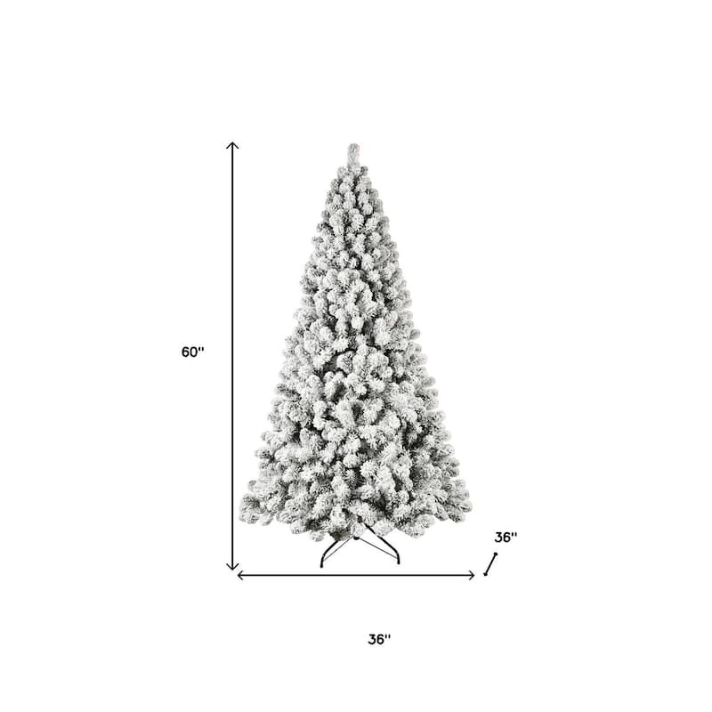 HomeRoots 5' White Pre Lit Full Flocked Fir Christmas Tree - Green - 36.00 in. x 60.00 in. x 36.00 in.