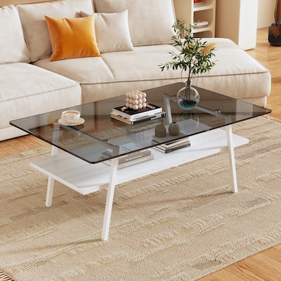 Modern Coffee Table Rectangular Coffee Table with Tempered Glass Top and Storage Rack, for Living Room
