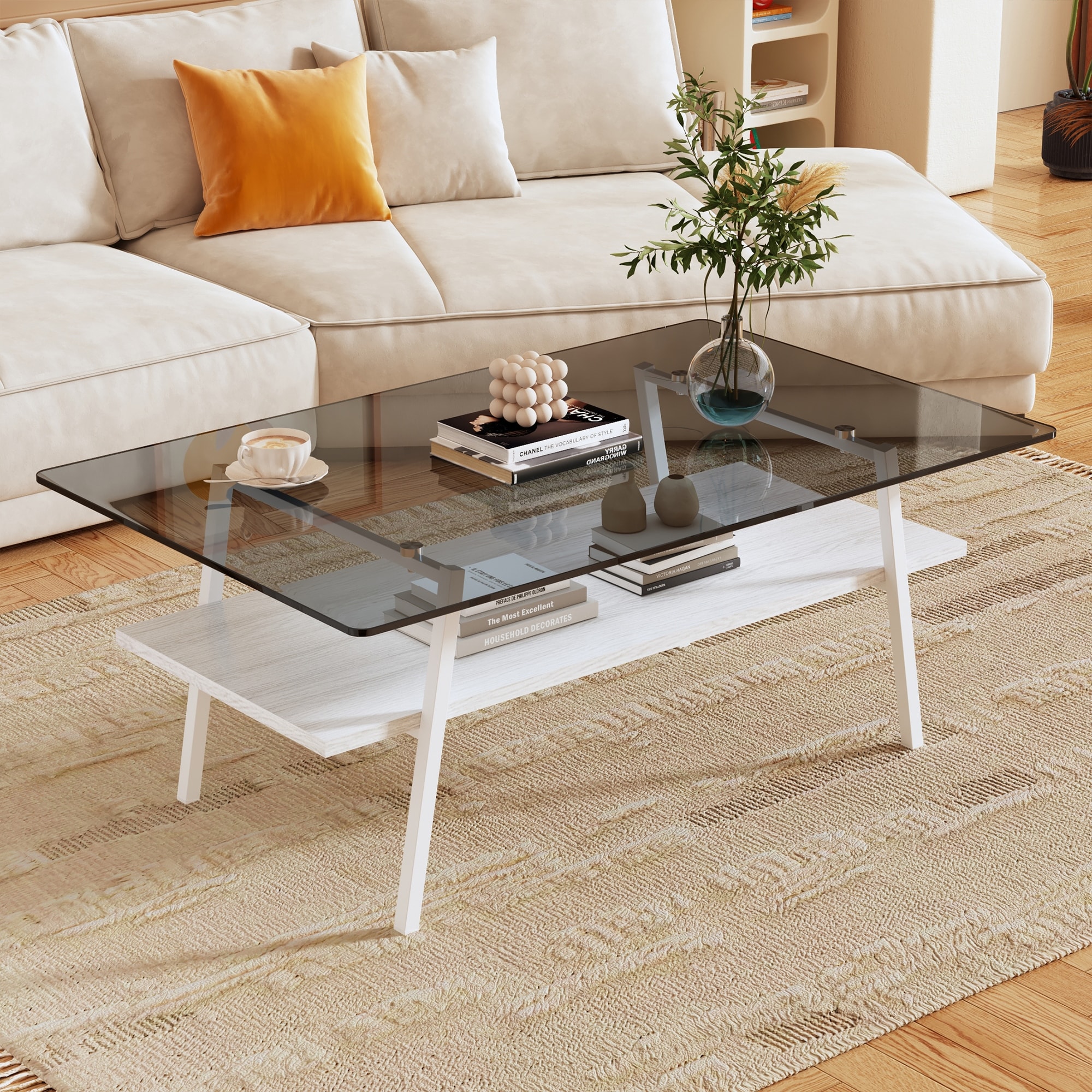 Modern Coffee Table Rectangular Coffee Table with Tempered Glass Top and Storage Rack, for Living Room