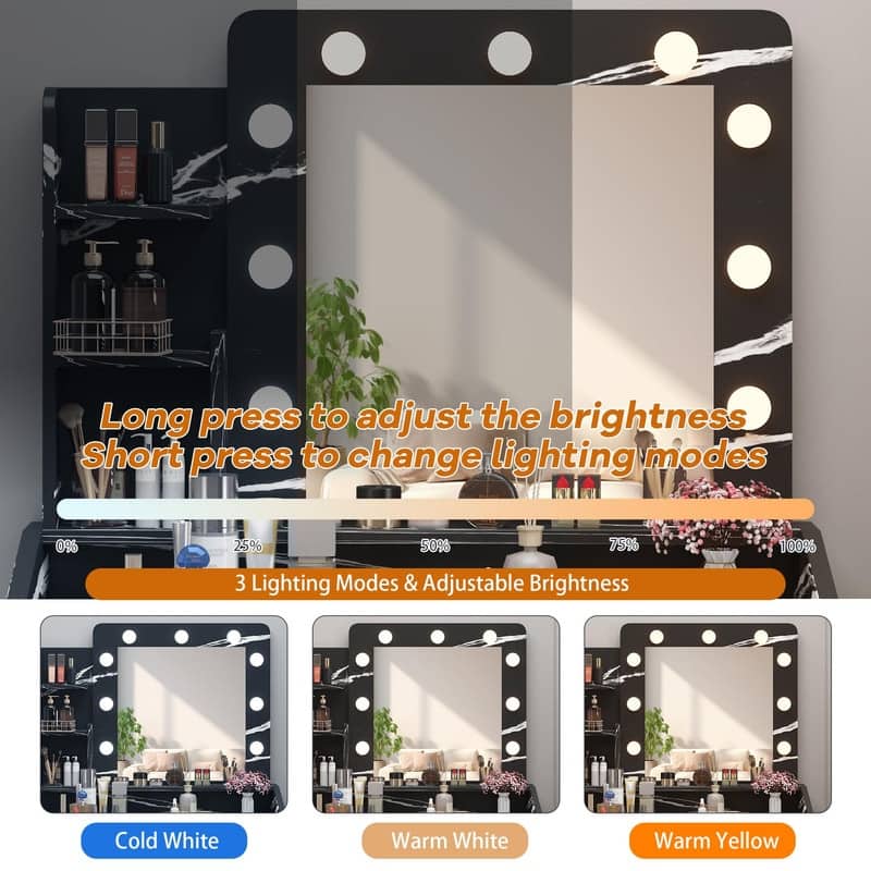 Makeup Vanity Desk with Mirror and Stool, Charging Station, 2 Drawers, 3 Shelves