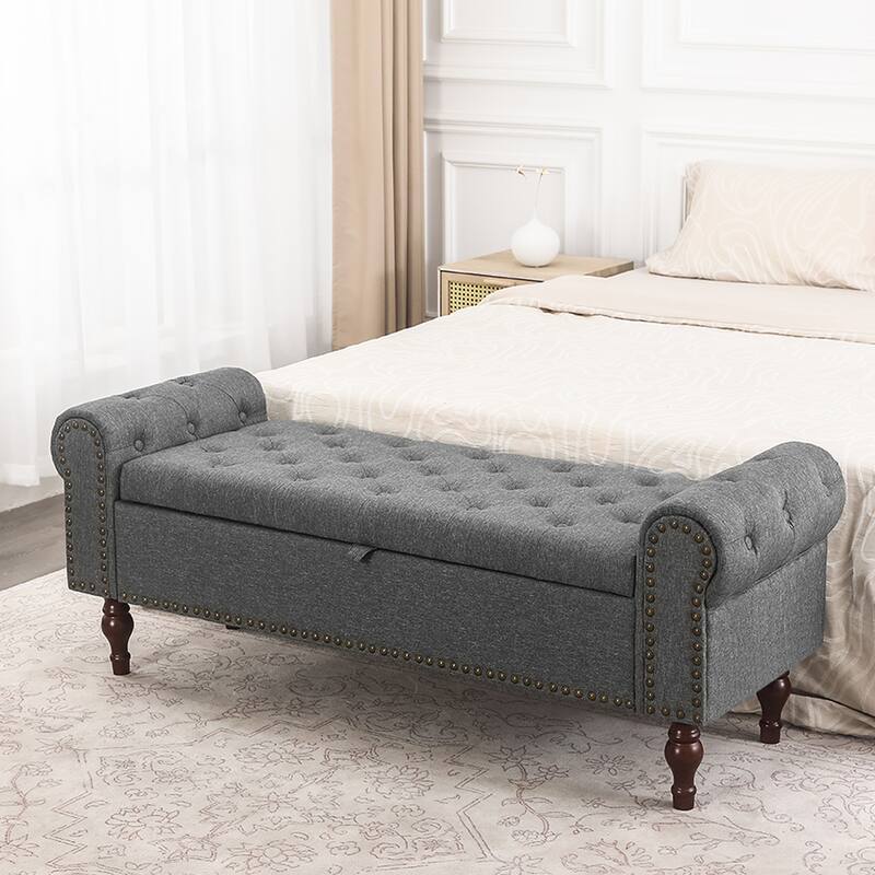 Adeco Storage Ottoman Bench for Bedroom - Grey-57.2"x19.7"x22"