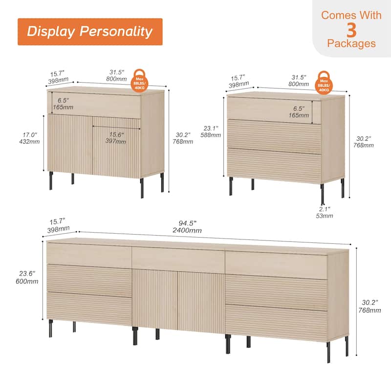 94.5" Modern Reeded Minimalist Sideboard With Drawers And Doors, 3-In-1 Wooden Credenza