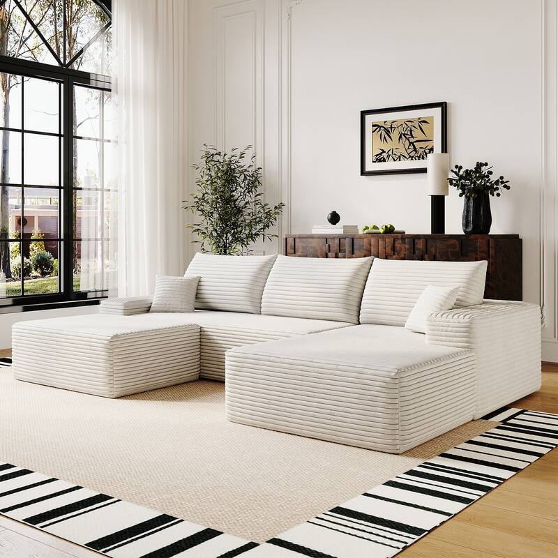 Symmetrical U-shaped Sectional Sofa with Right Facing Chaise Lounge and Ottoman, Corduroy Upholstered Modular Deep Seat Couch