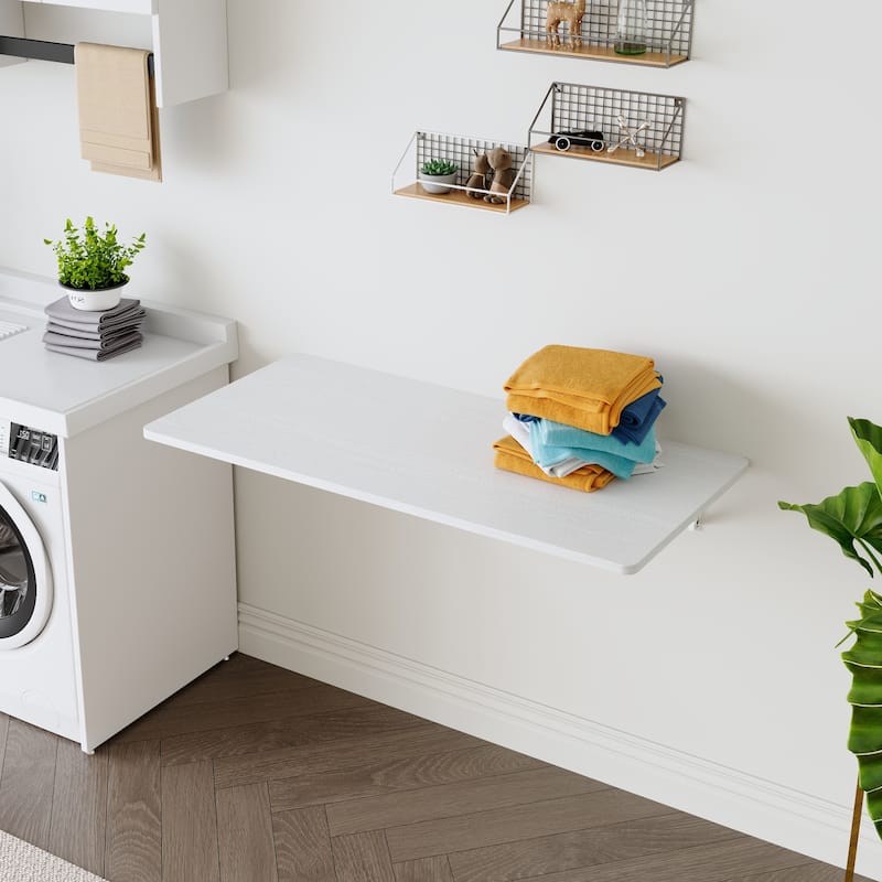 Laundry Room Folding Table Wall Mounted Folding Table for Small Spaces, Fold Down Desk, Workbench - White