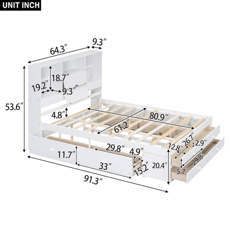 Queen / King Platform Bed with Storage Headboard and 8 Drawers Sturdy Pine Wood Construction