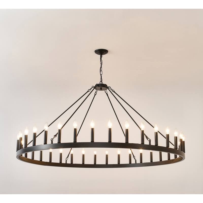 59.1INCH 36-Light Extra Large Wagon Wheel Chandelier, Black Farmhouse Round Wheel Chandelier Light E12