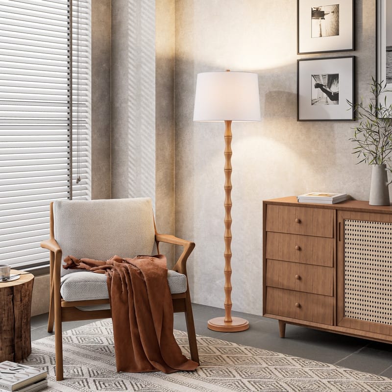 KAWOTI 61'' Floor Lamp with Fabric Drum Shade - Painted Faux Wood