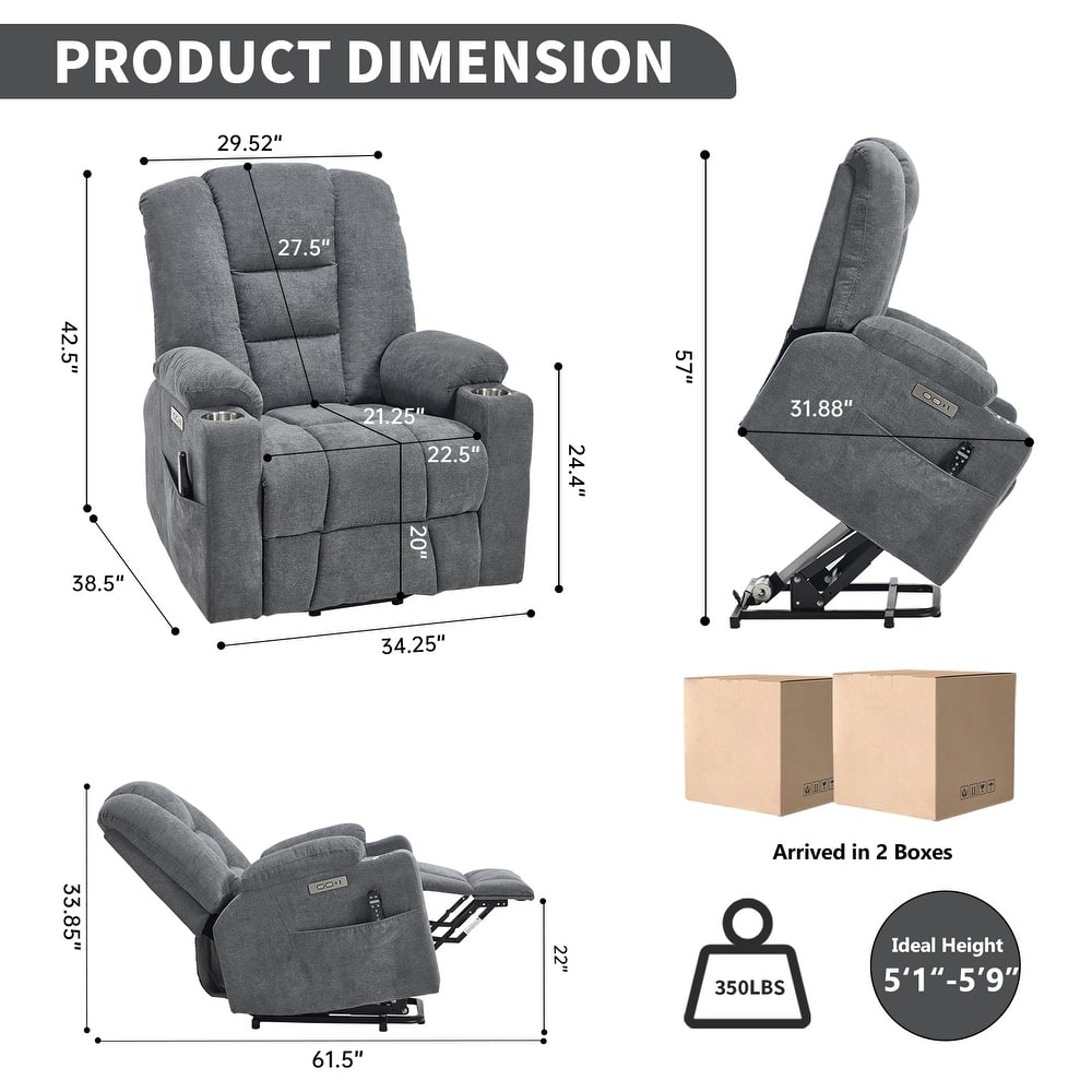Power Lift Recliner Chair with Massage & Heat, Heavy Duty Electric Recliner, Recliner Chair with USB Ports & 2 Cup Holders
