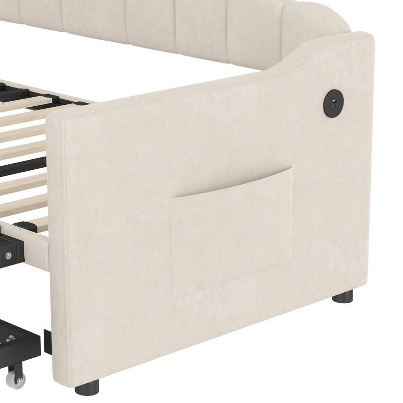 Twin Size Daybed with Adjustable Height Pop Up Trundle and USB Charging Port, Upholstered Sofa Bed Frame with 2 Side Pockets