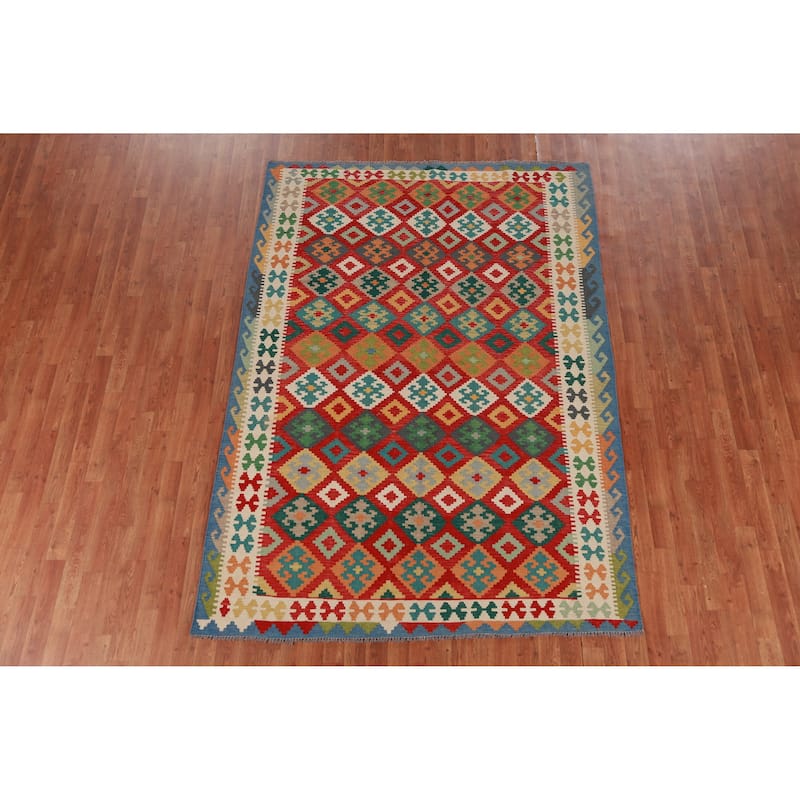Hand Woven Oriental 100% Wool Carpet Southwestern Geometric Red Kilim Area Rug - 8' 4'' X 5' 10''