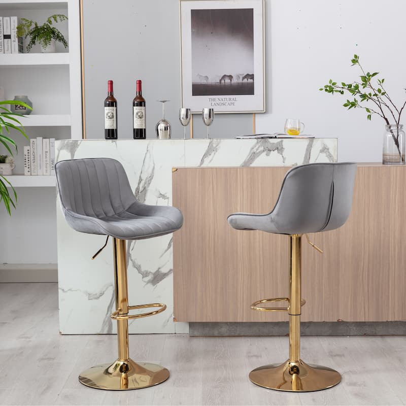 Velvet Bar Stools Set of 2, Swivel Bar Stools with Adjustable Height, Kitchen Island Stools with Footrest and Golden Leg