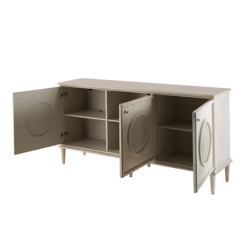 Wooden Washed Circular Woven Rattan 3 Door Sideboard with Round Silver Knobs - Light Gray - Roche River Decor