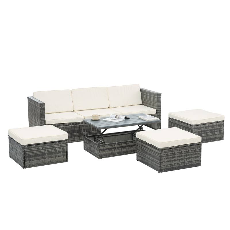 5 Piece Outdoor PE Wicker Sofa Set, Patio Conversation Furniture Set with Lift TOP Coffee Table and Lounger Sofa