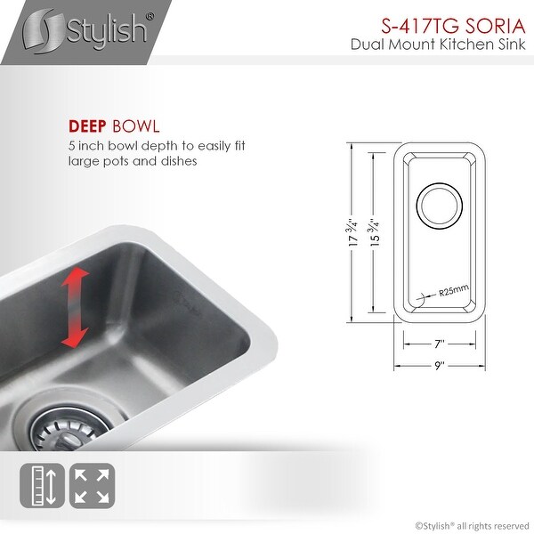 9" L x 17 3/4" W Undermount or Drop-in Stainless Steel Bar Sink (18 Gauge)