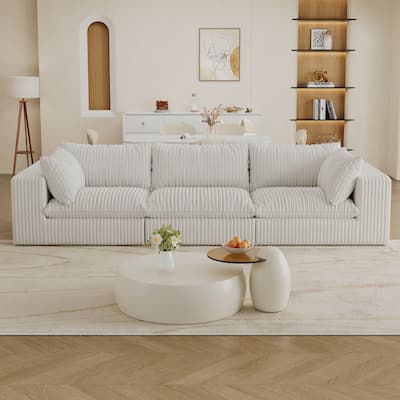 118.2" Corduroy Fabric Sofa, White, Double-layer, Removable Cushion, DIY Combination