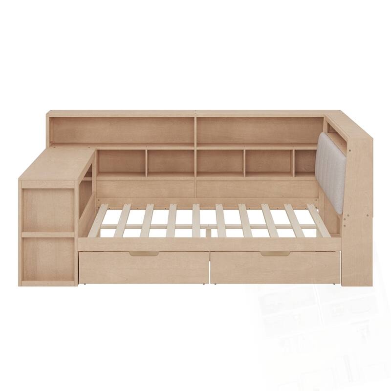 L-shaped Wooden Daybed with Desk and Storage Bookcase with Upholstered Headboard