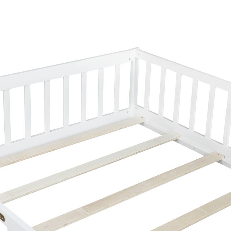 Full Size Floor Bed with Fence and Door, Rubber Wood Floor Bed with Safety Guardrails