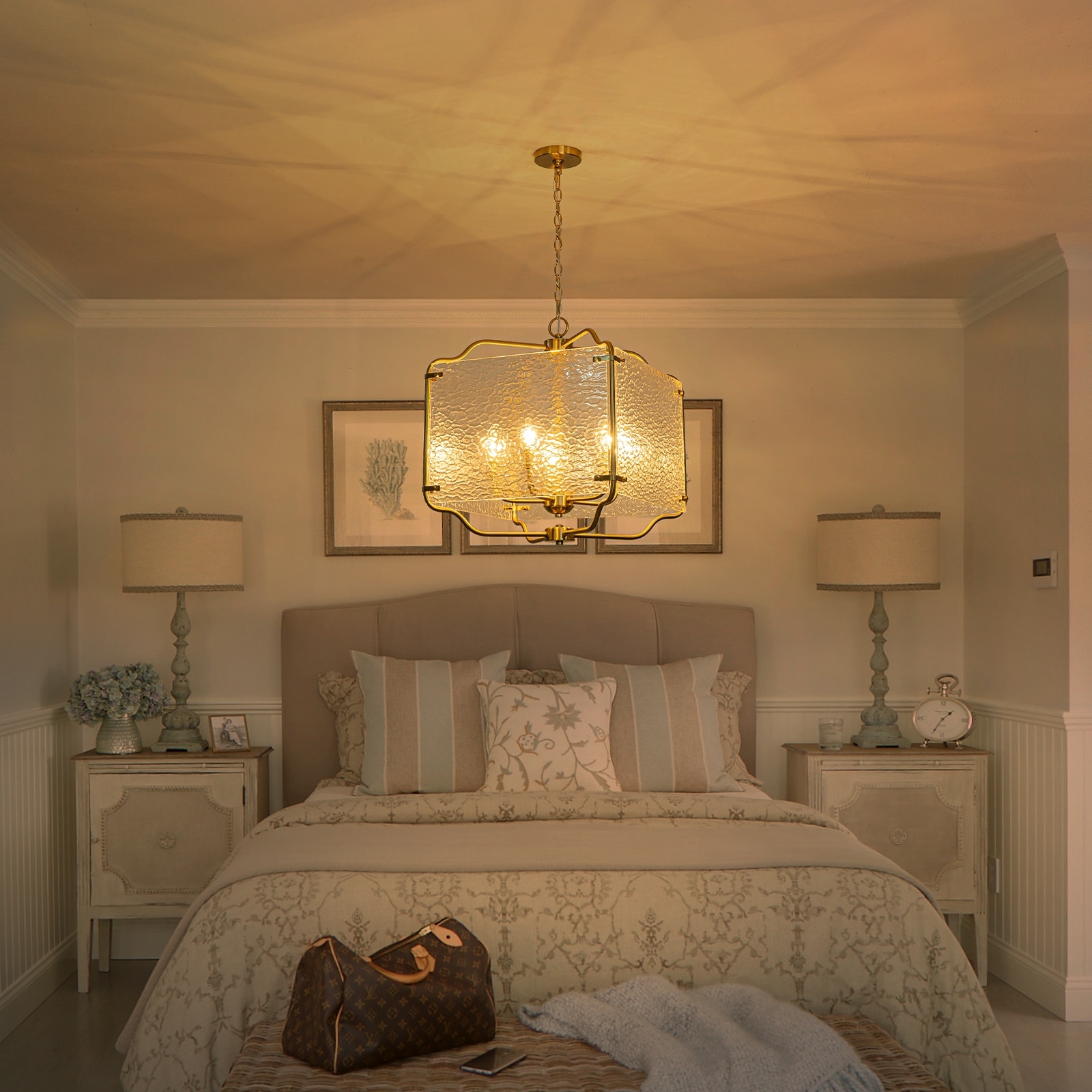 5-Light Gold Square Chandelier with Clear Textured Glass Ceiling