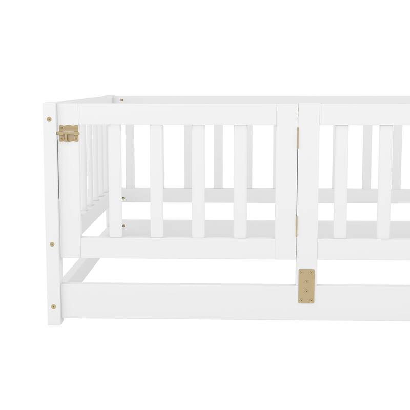 Full Size Montessori Floor Bed with Fence and Door, Kids Wood Bed Frame, Natural Pine Wood Floor Bed