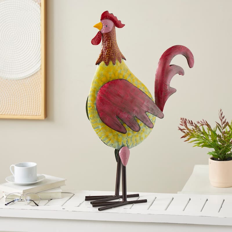 Metal Rooster Textured Garden Sculpture with Red Accents - Black - Roche River Decor