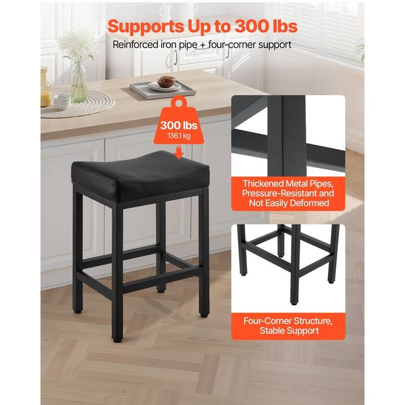Set of 2 Black PU Leather Counter Height Bar Stools with Curved Seat and Metal Frame - 17.72” x 13.39” x 25.39”