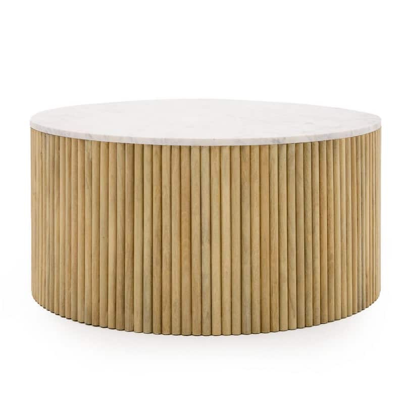 Cid Jolie 32 Inch Coffee Table, White Marble Top, Brown Mango Drum Base