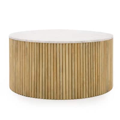 Cid Jolie 32 Inch Coffee Table, White Marble Top, Brown Mango Drum Base