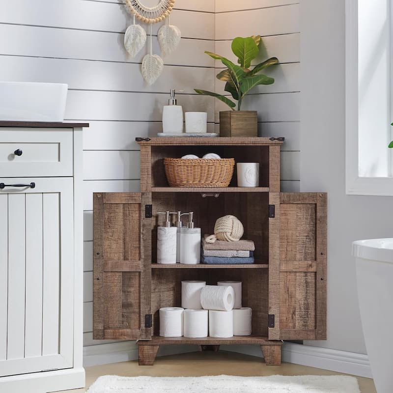 Farmhouse Corner Bathroom Cabinet, Small Corner Cabinet with Barn Door - N/A