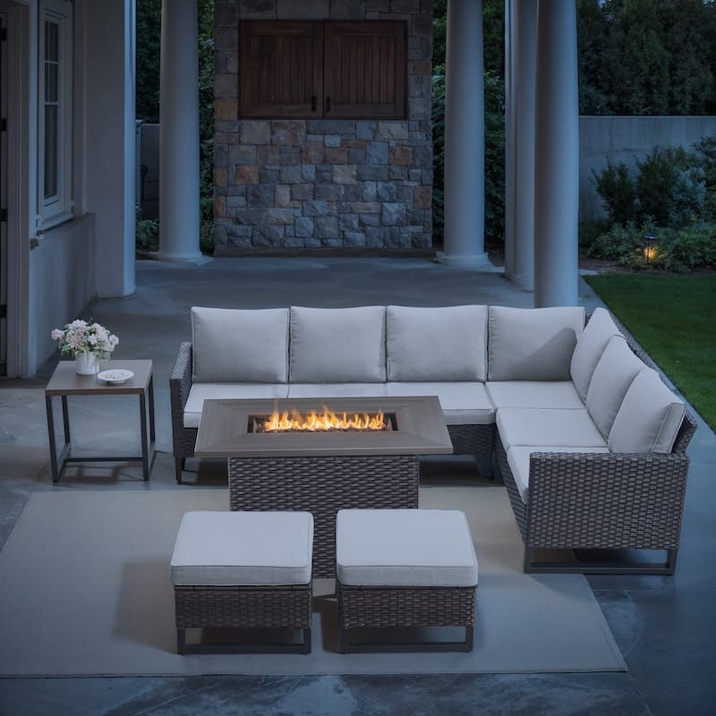 Patio Rattan Sectional Sofa Swivel Chair with Fire pit Table - Beige - Brown