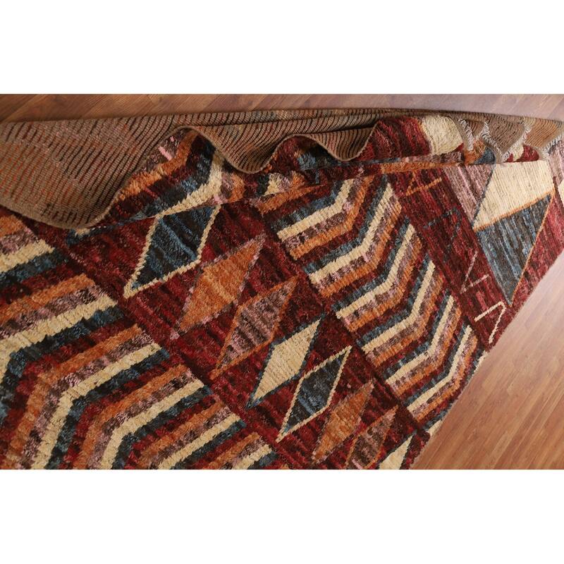 Hand Knotted Oriental 100% Wool Carpet Modern Tribal Red Moroccan Area Rug - 9' 11'' X 6' 4''