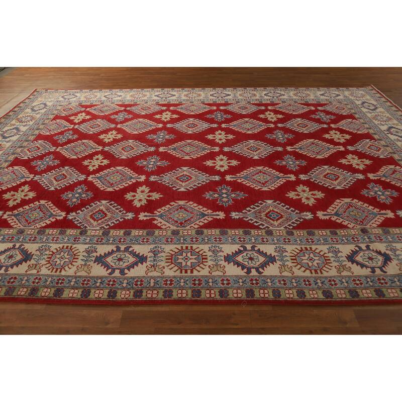 Hand Knotted Oriental 100% Wool Carpet Traditional Geometric Red Kazak Area Rug - 12' 10'' X 9' 6''