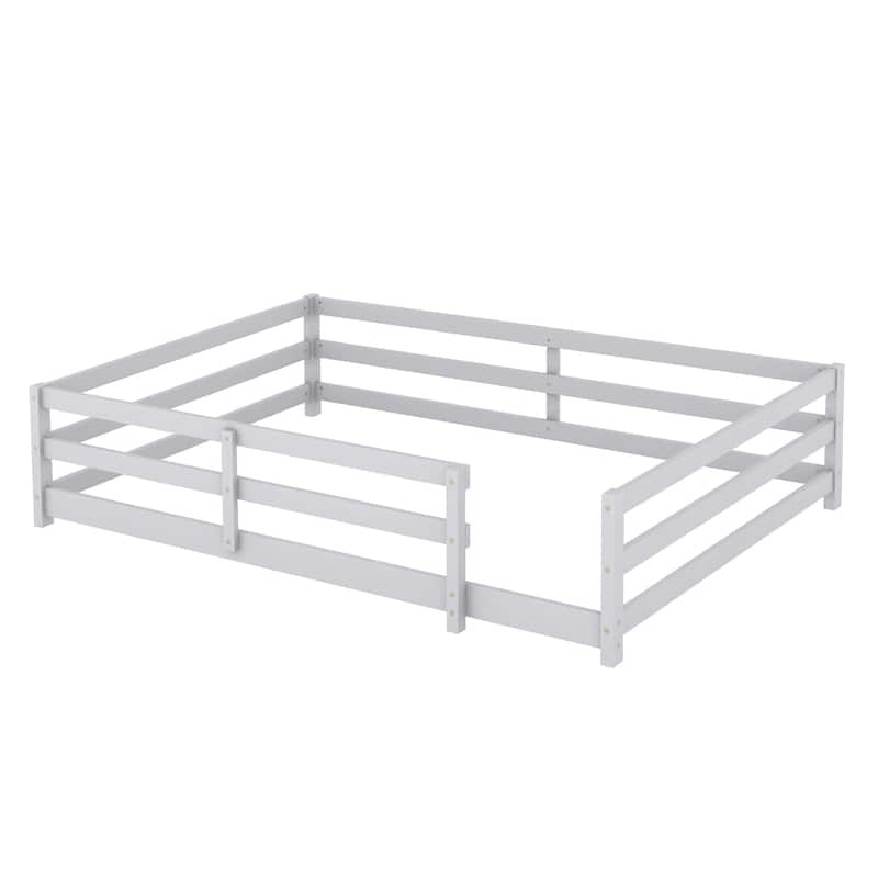 Toddler Montessori Bed Kids Floor Bed Frame with Fences, No Slats Wood Frame Bed for Kids Girls Boys Children's Room