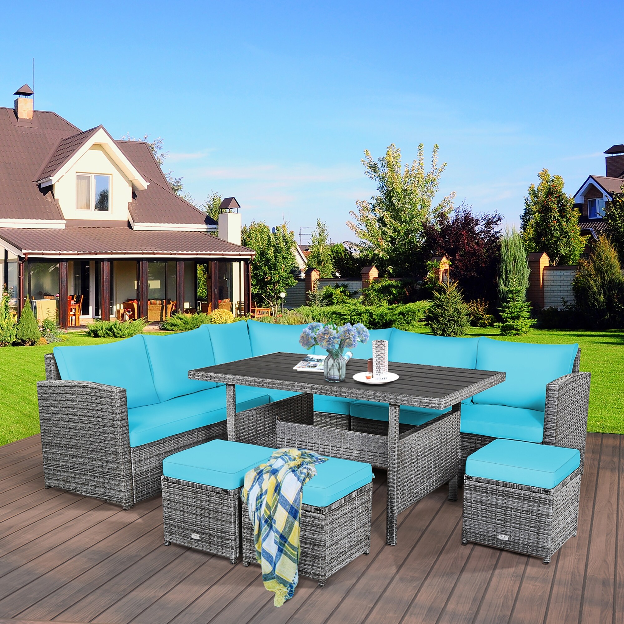 Costway 7 PCS Patio Rattan Dining Set Sectional Sofa Couch Ottoman
