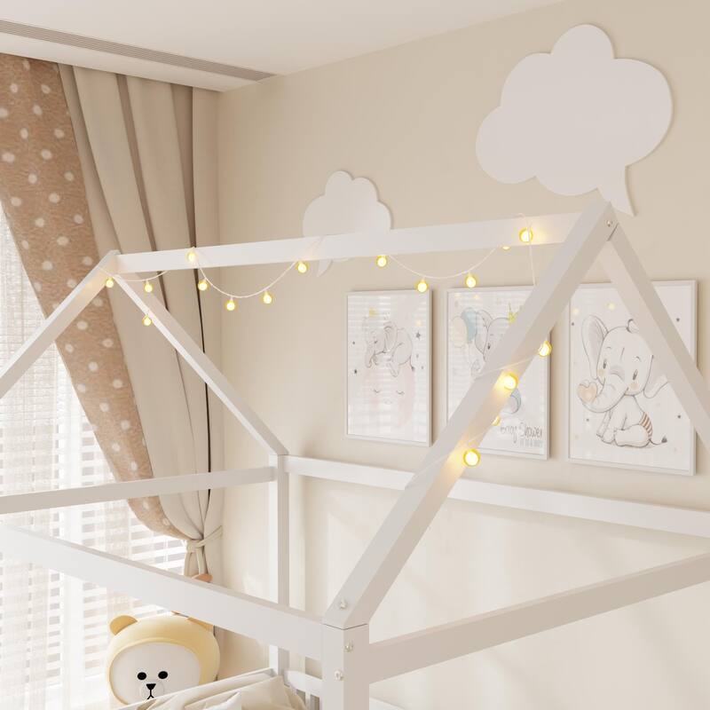 White Full Size Solid Wood House Bed with Guardrail, LED and Roof for Kids, Boys and Girls