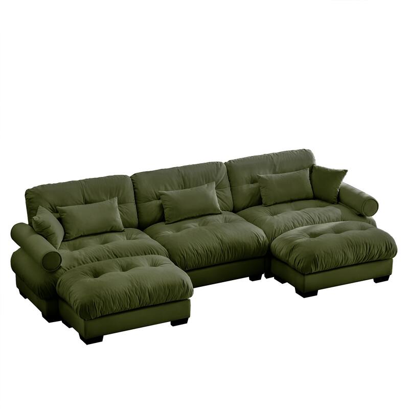 130" Velvet Modular Sectional Sofa with Ottomans & Pillows