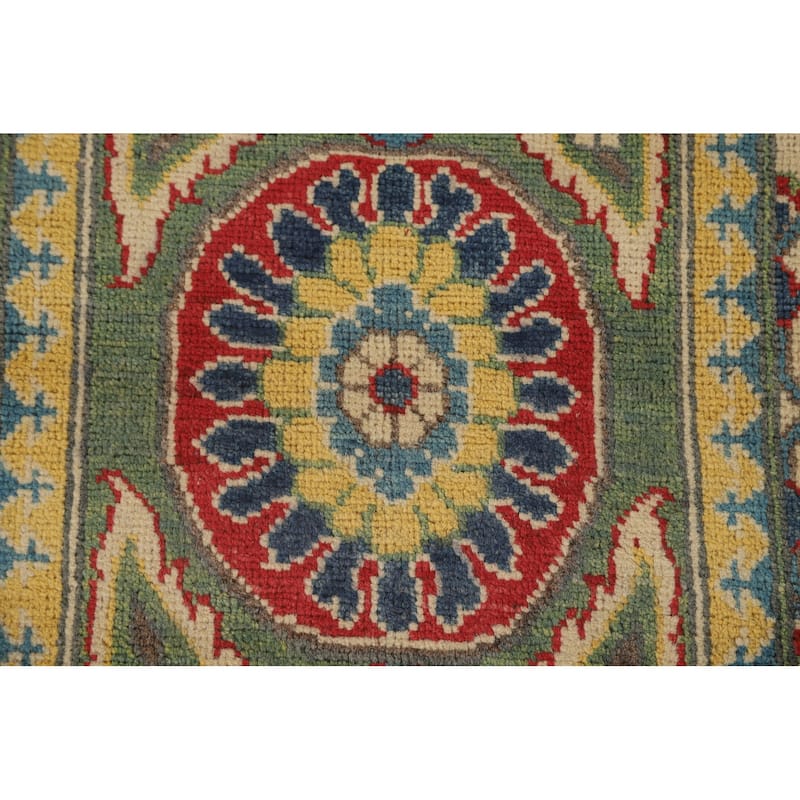 Green Floral Kazak Runner Rug Hand-Knotted Wool Carpet - 2'8" x 9'7"