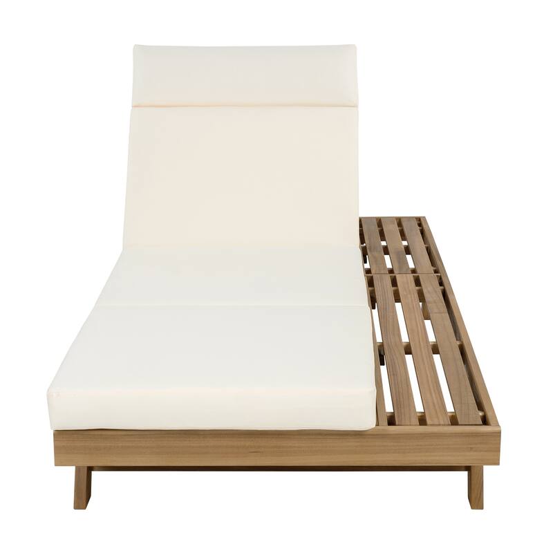 Outdoor Patio Acacia Wood Chaise Lounge Chair with Adjustable Backrest, Side Open Storage and Water-Repellent Cushions