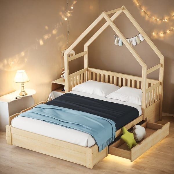 slide 2 of 16, Kids Bed Queen Size House Platform Bed with Guardrail and 2 Drawers Natural