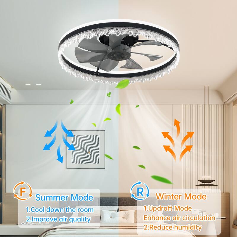 LunaDrift 16"20"24" Modern Black Crystal Smart Flush Mount Ceiling Fan with Light, Dimmable Bedroom Ceiling Fan w/Remote