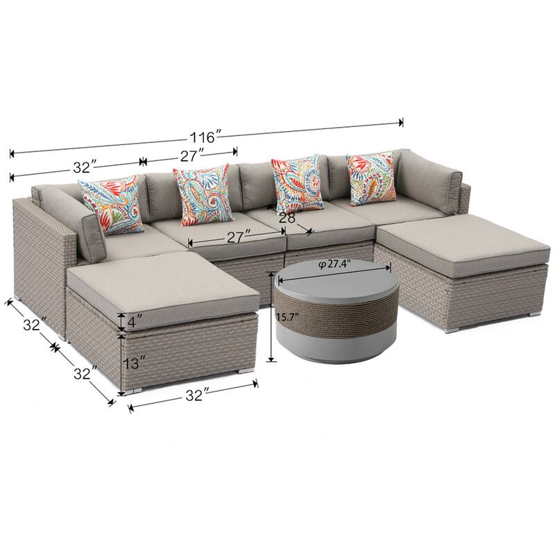 COSIEST 7-Piece Outdoor Patio Wicker Sectional Sofa with Coffee Table