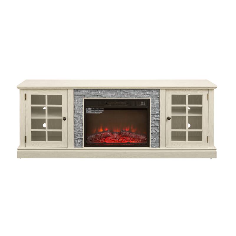 Fireplace TV Stand with 23" Electric Fireplace, Faux Stacked Stone Surround Media Cabinet TV Console for TVs up to 75"