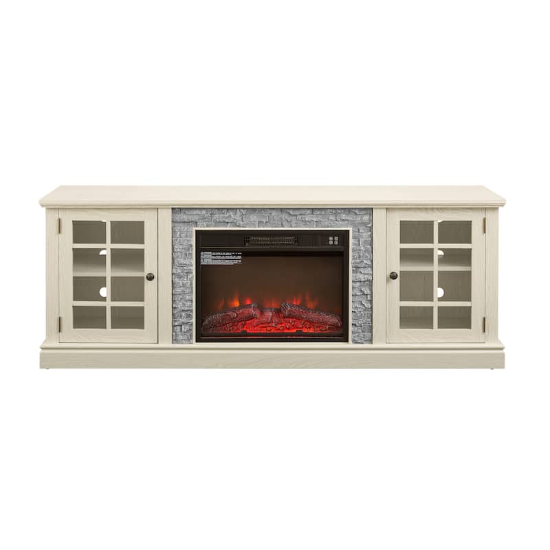 GDFStudio Thatch Wood 70" TV Stand with Faux Stacked Stone Fireplace and 2 Door Storage