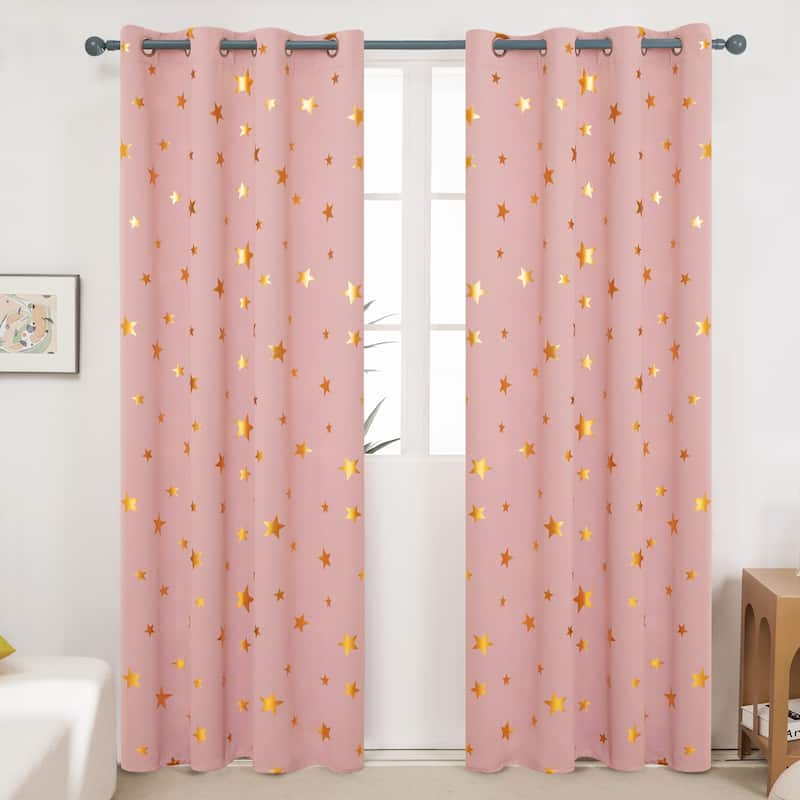 Gold Star Foil Room Darkening Curtains for Kids 2 Panels - 52 x 54 Inch - Coral Pink
